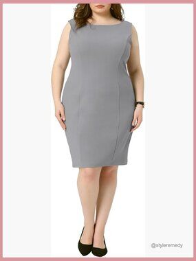 Plus Size Sheath Dress with Boat Neck Sleeveless Midi Work Dress